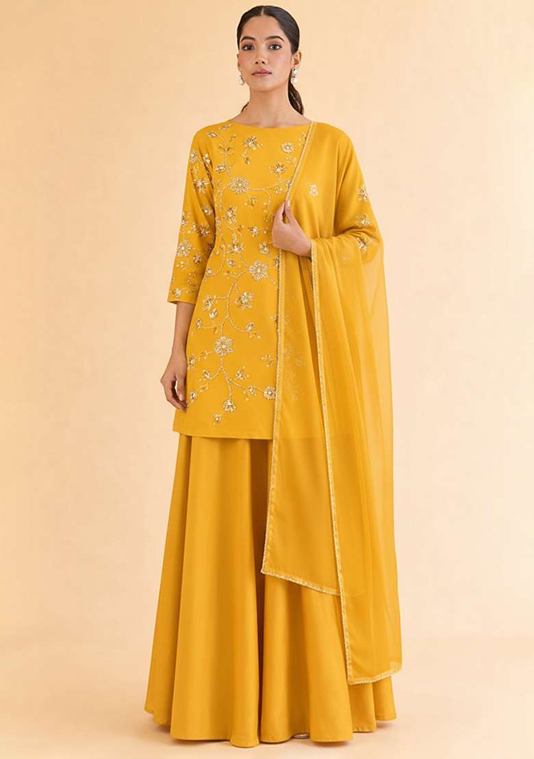 Mustard Floral Embroidery Silk Sharara Set - Indya