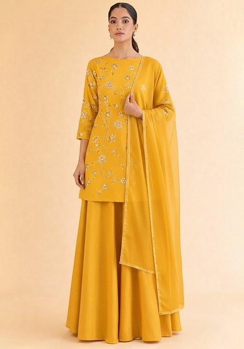 Black Floral Embroidery Fandy Silk Sharara Set