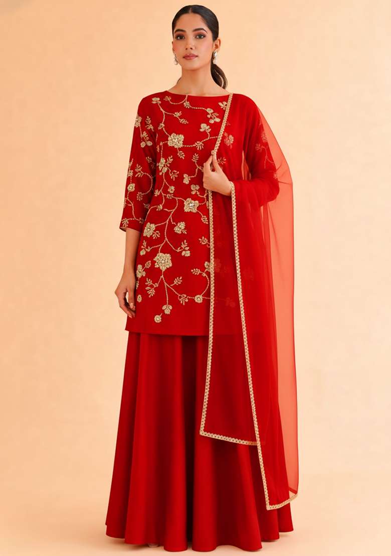 Red Floral Embroidery Silk Sharara Set - Indya