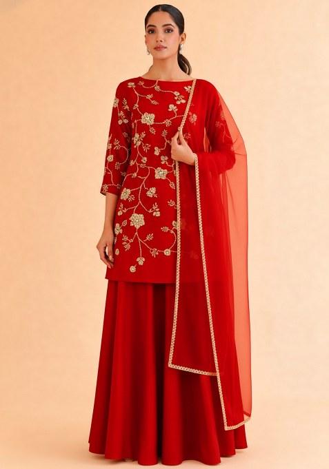 Olive Green Floral Embroidery Fandy Silk Sharara Set