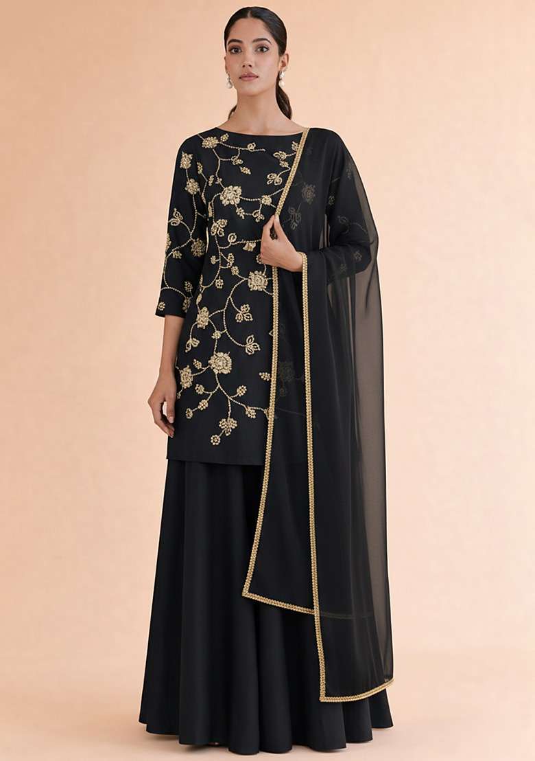 Black Floral Embroidery Silk Sharara Set - Indya