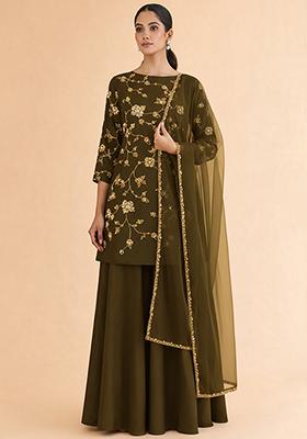 Olive Green Floral Embroidery Silk Sharara Set