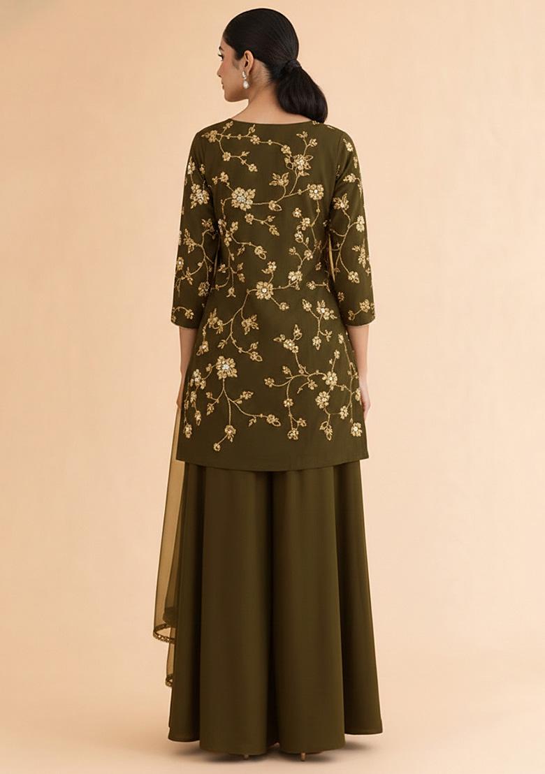 Olive Green Floral Embroidery Silk Sharara Set - Indya