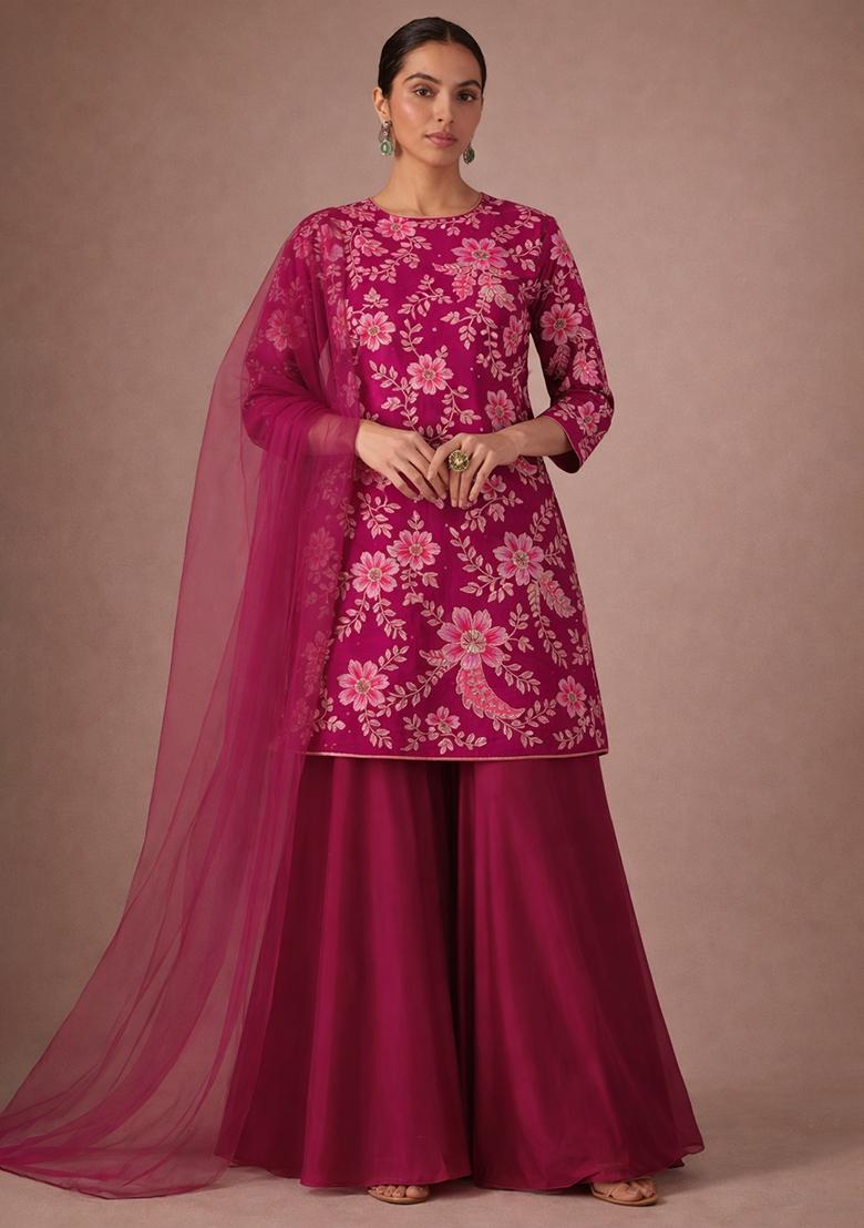 Magenta Embroidery Blouse Crepe Sharara Set - Indya