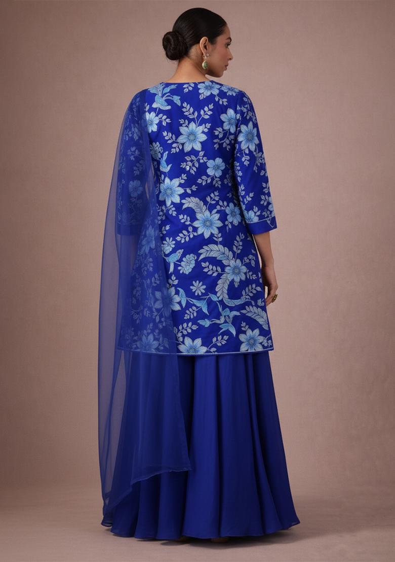Royal Blue Embroidery Blouse Crepe Sharara Set - Indya