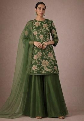 Olive Green Embroidery Blouse Crepe Sharara Set