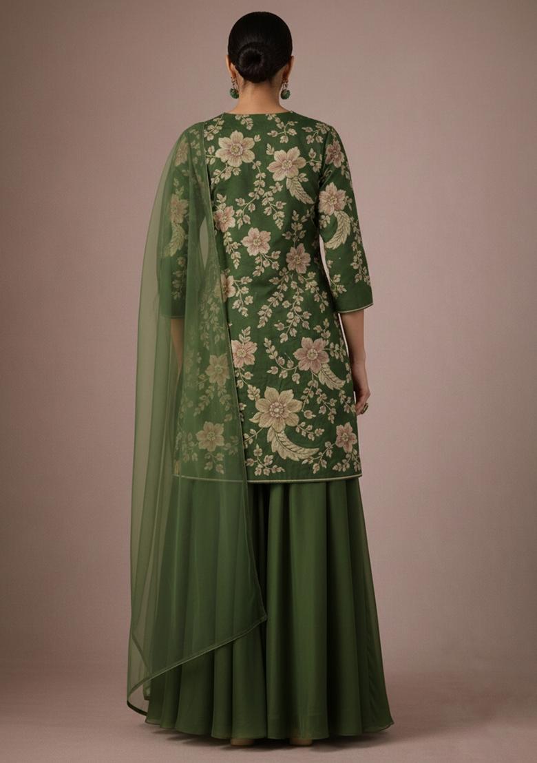 Olive Green Embroidery Blouse Crepe Sharara Set - Indya