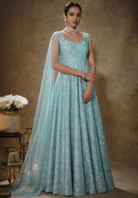 Light Blue Embroidery Blouse Chinon Anarkali Set