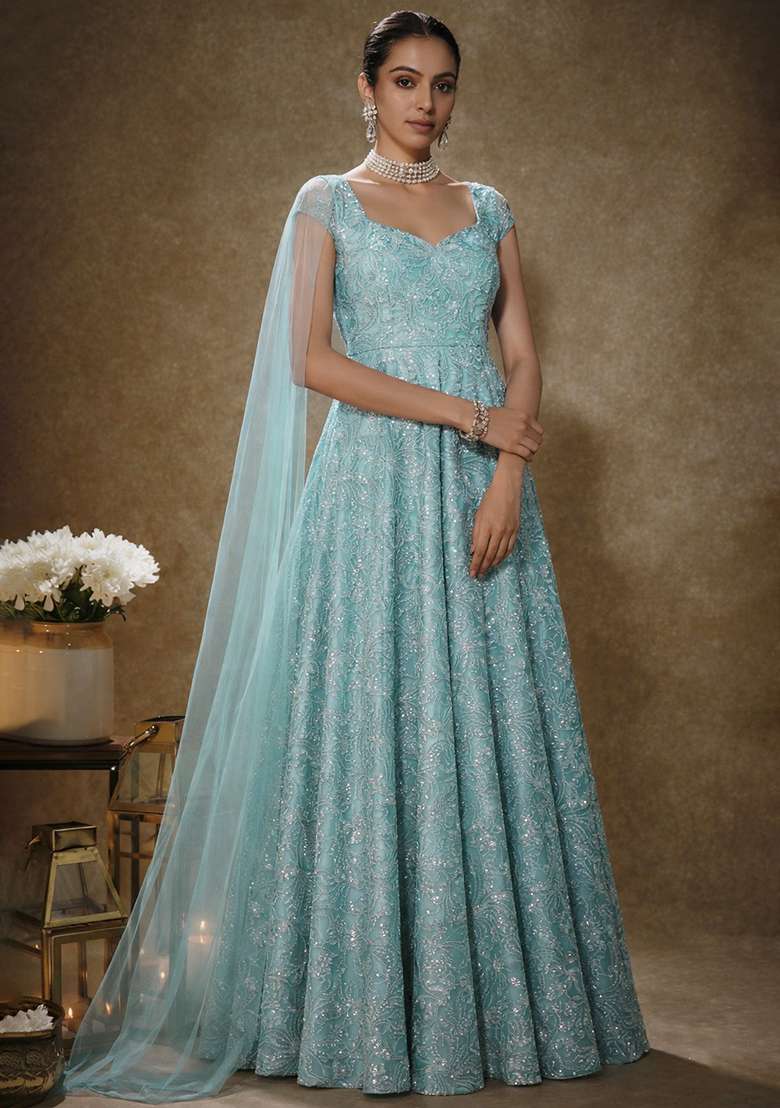 Light Blue Embroidery Blouse Chinon Anarkali Set - Indya