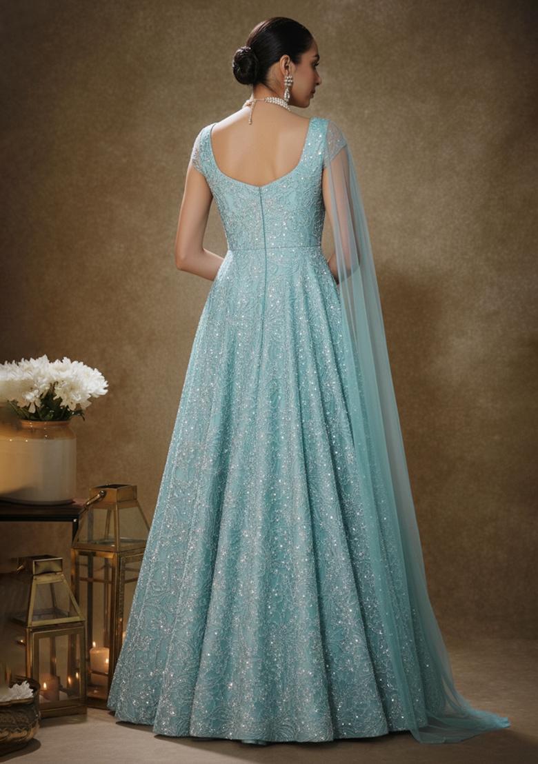 Light Blue Embroidery Blouse Chinon Anarkali Set - Indya