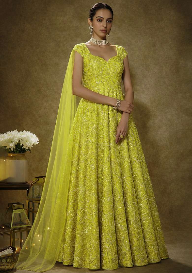 Yellow Embroidery Blouse Chinon Anarkali Set - Indya