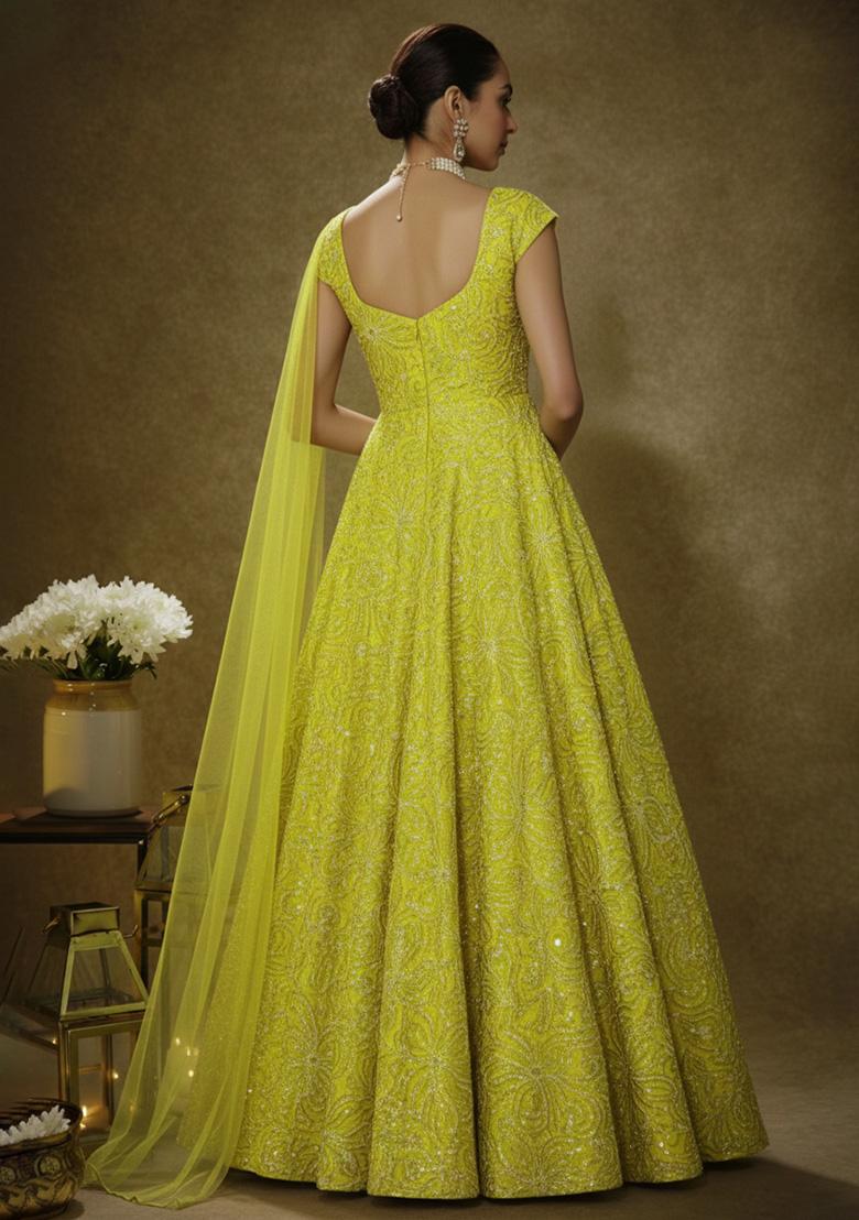 Yellow Embroidery Blouse Chinon Anarkali Set - Indya