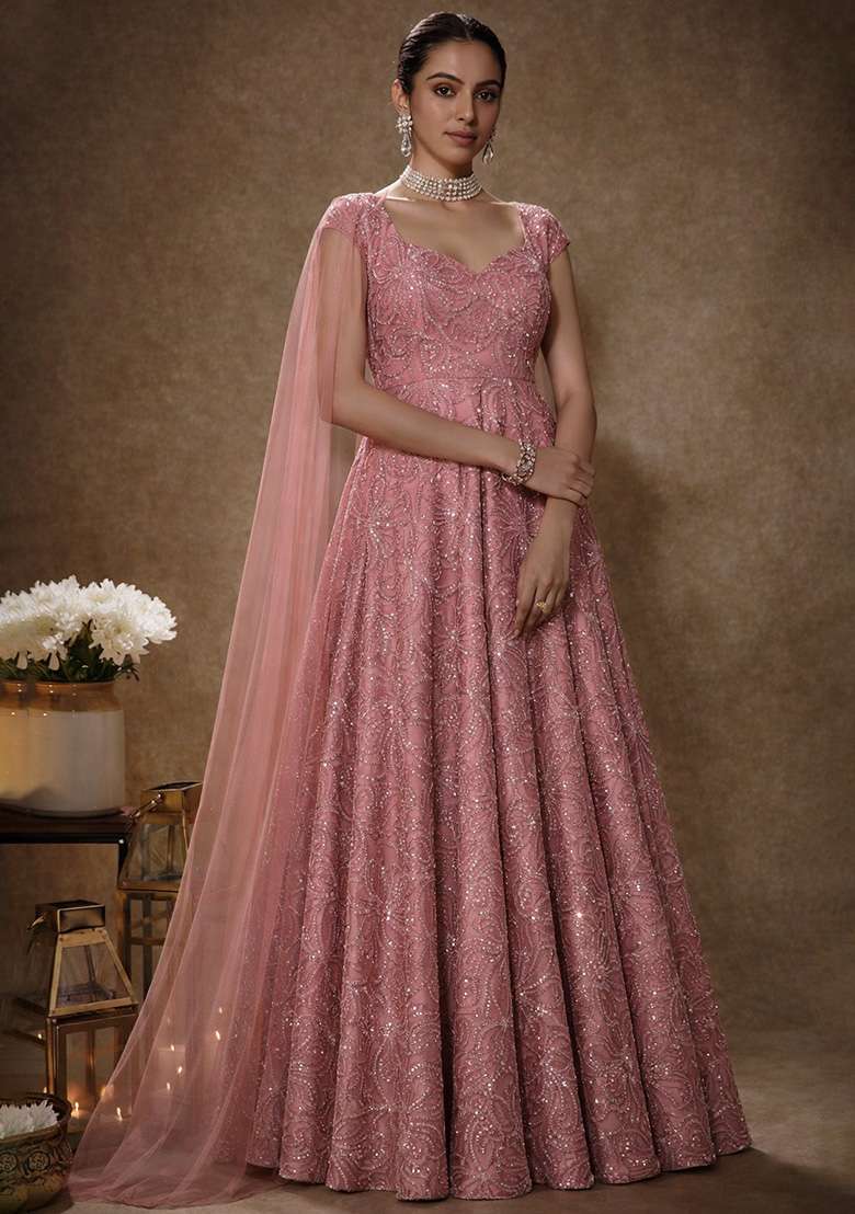 Dusty Pink Embroidery Blouse Chinon Anarkali Set - Indya
