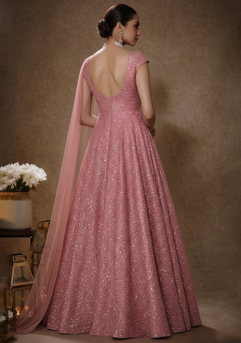 Dusty Pink Embroidery Blouse Chinon Anarkali Set - Indya