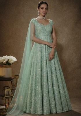 Mint Green Embroidery Blouse Chinon Anarkali Set