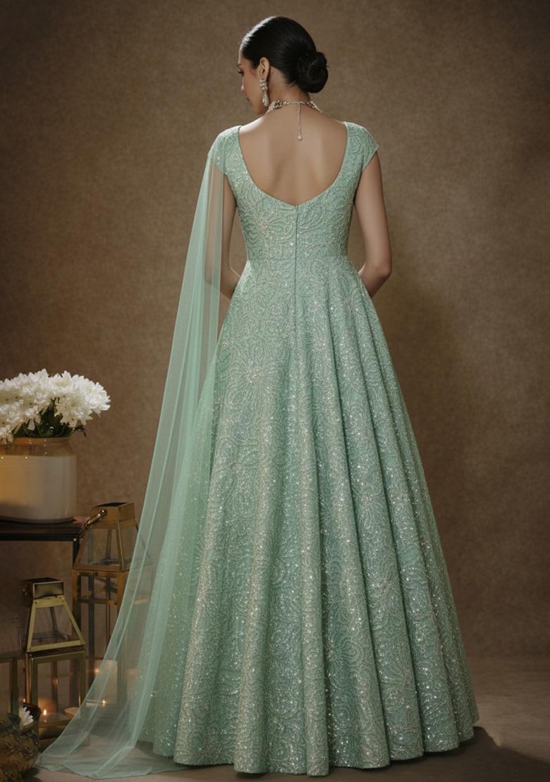 Mint Green Embroidery Blouse Chinon Anarkali Set - Indya