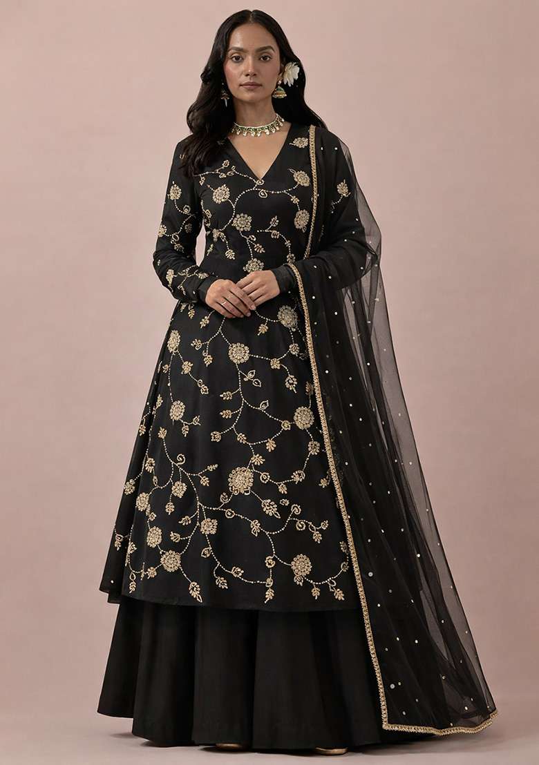 Black Embroidery Blouse Silk Anarkali Set - Indya