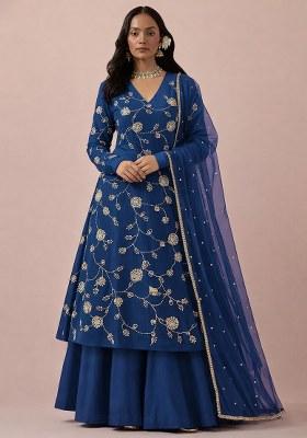 Royal Blue Embroidery Blouse Silk Anarkali Set