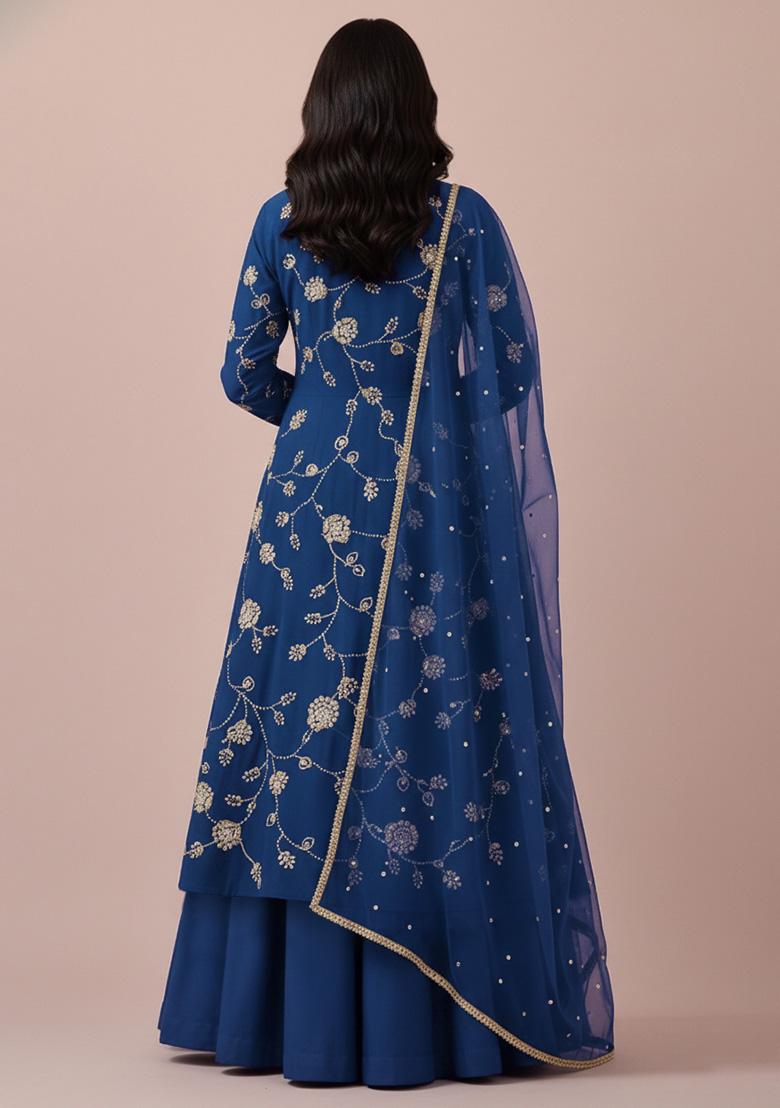 Royal Blue Embroidery Blouse Silk Anarkali Set - Indya