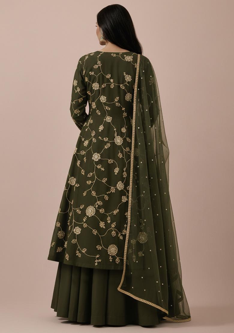 Olive Green Embroidery Blouse Silk Anarkali Set - Indya