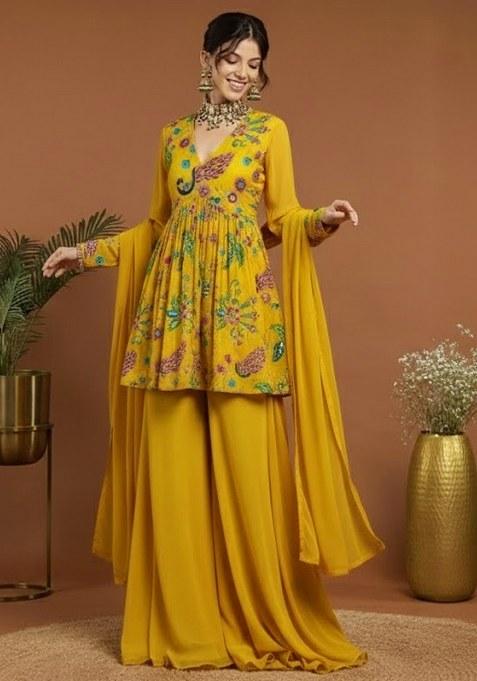 Yellow Embroidered Crepe Sharara set
