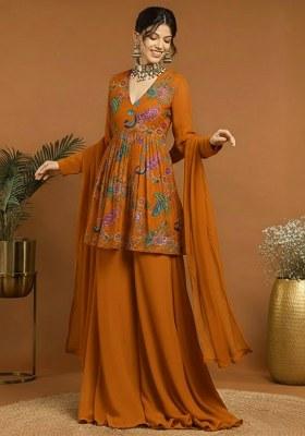 Rust Embroidery Crepe Sharara set