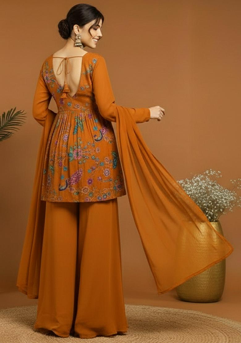 Rust Embroidery Crepe Sharara set - Indya