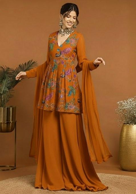 Rust Embroidery Crepe Sharara set