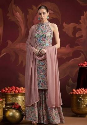 Multi Color Embroidery Crepe Sharara set