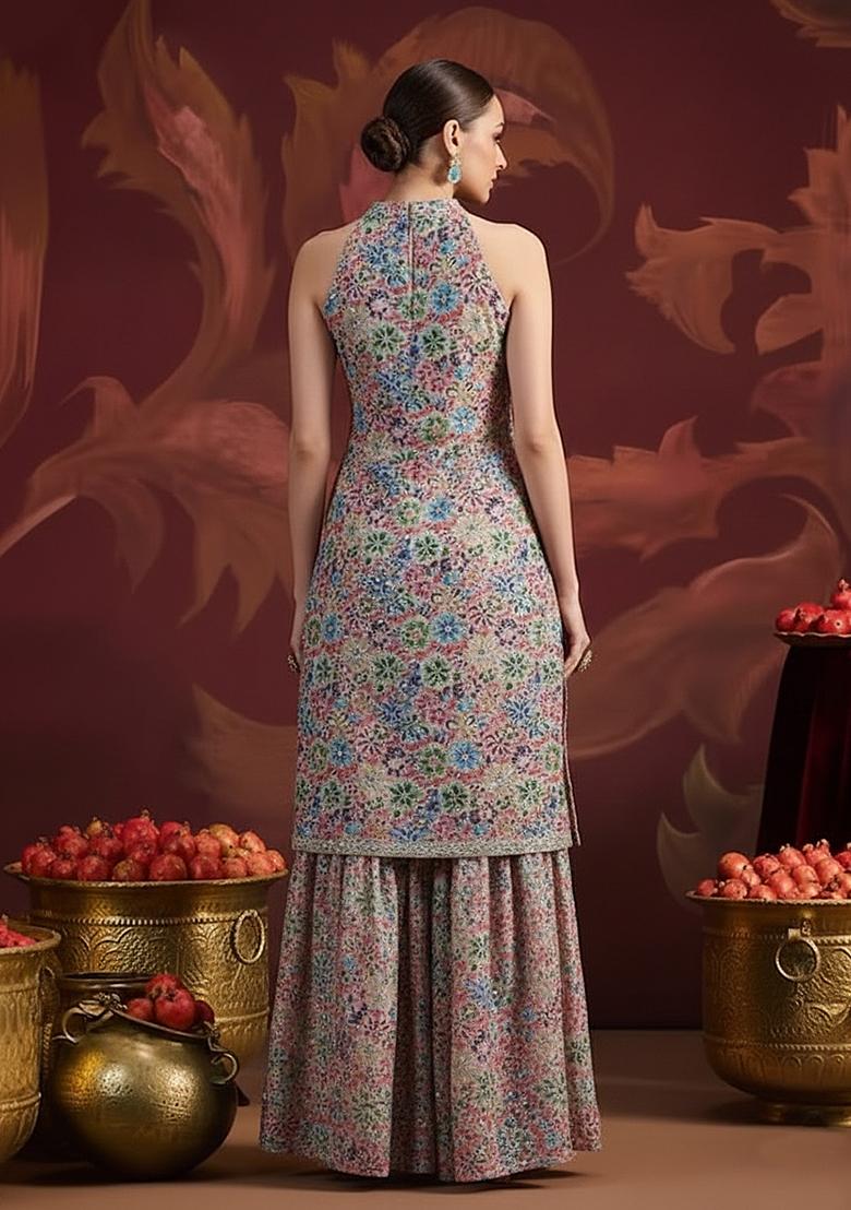 Multi Color Embroidery Crepe Sharara set - Indya