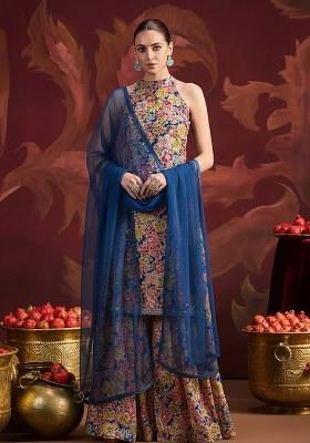 Multi Color Floral Embroidery Crepe Sharara set