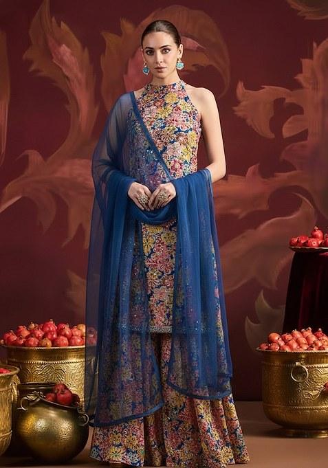 Multi Color Floral Embroidery Crepe Sharara set