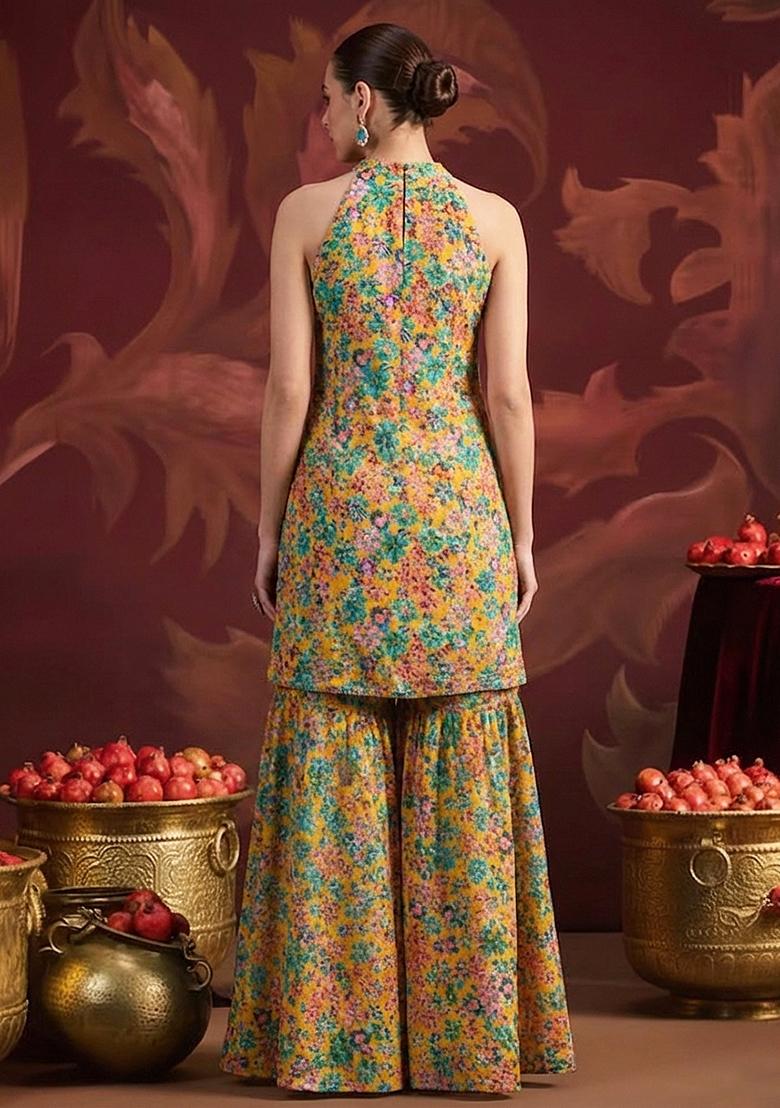 Multi Color Floral Embroidery Crepe Sharara set - Indya