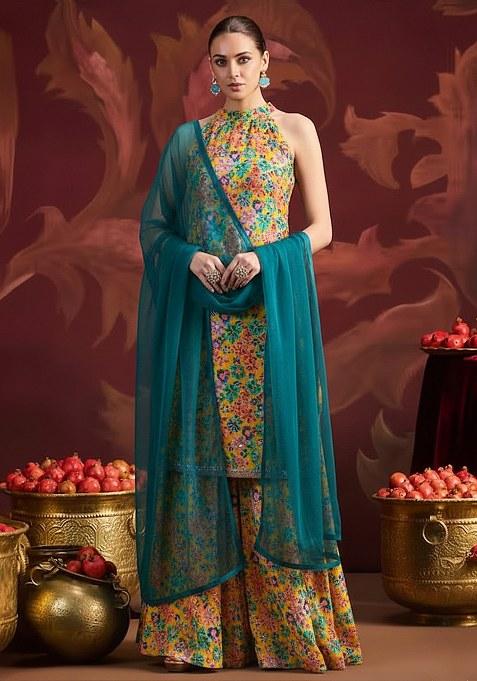 Multi Color Floral Embroidery Crepe Sharara set