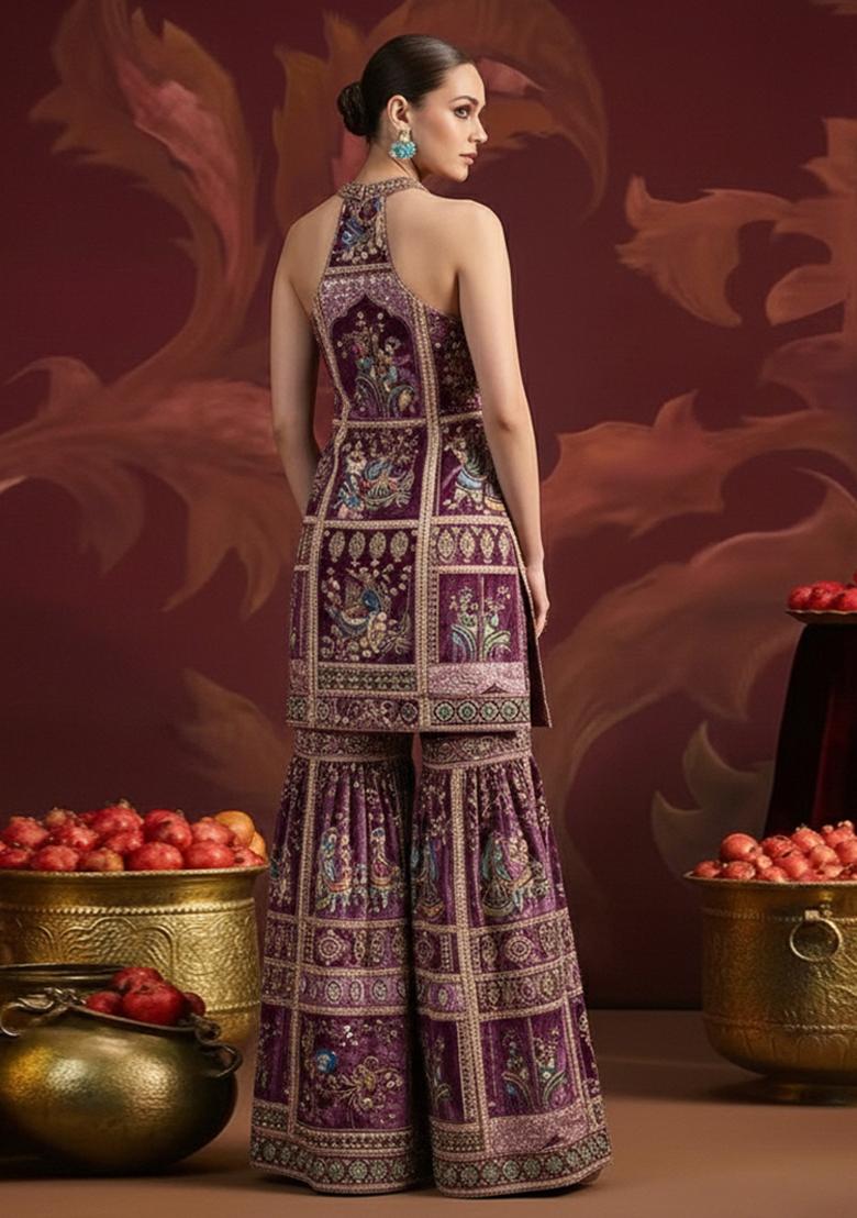 Purple Floral Embroidery Crepe Sharara set - Indya