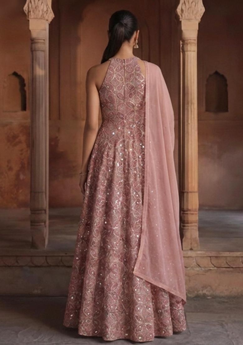 Dusty Rose Sequin Net Anarkali set - Indya