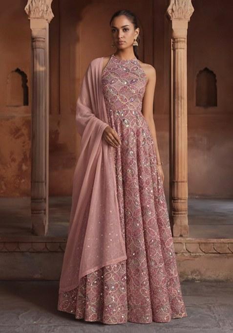 Dusty Rose Sequin Net Anarkali set