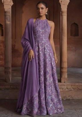 Lavender Embroidery Net Anarkali set