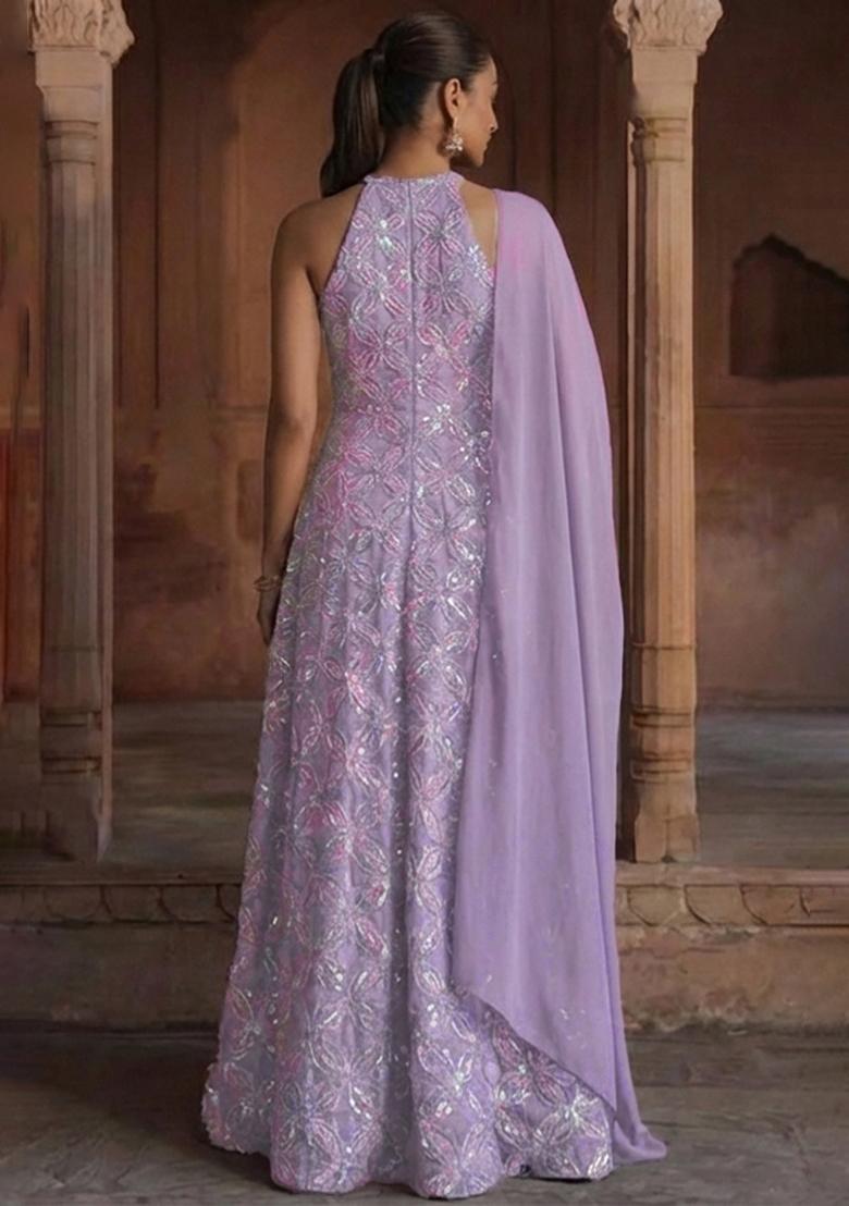 Lavender Embroidery Net Anarkali set - Indya