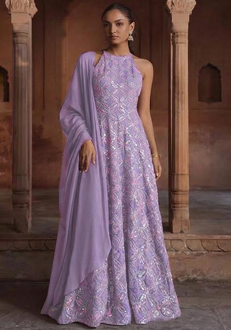 Lavender Embroidery Net Anarkali set