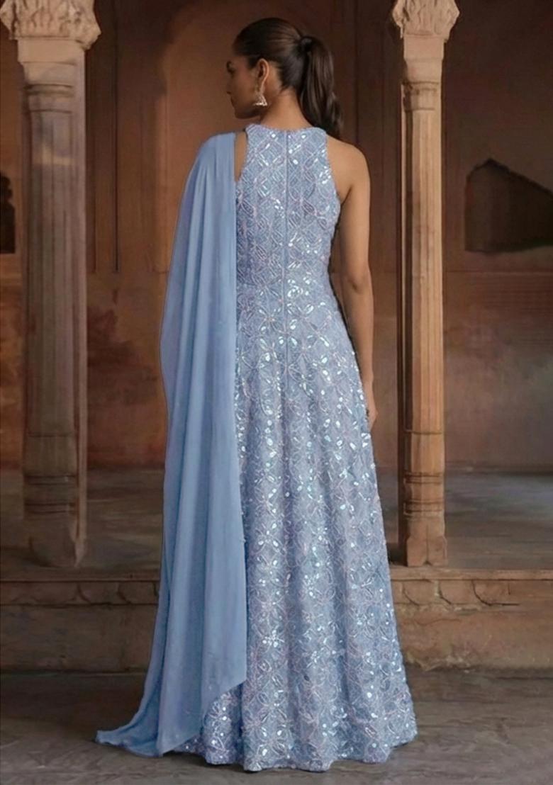 Blue Embroidery Net Anarkali set - Indya