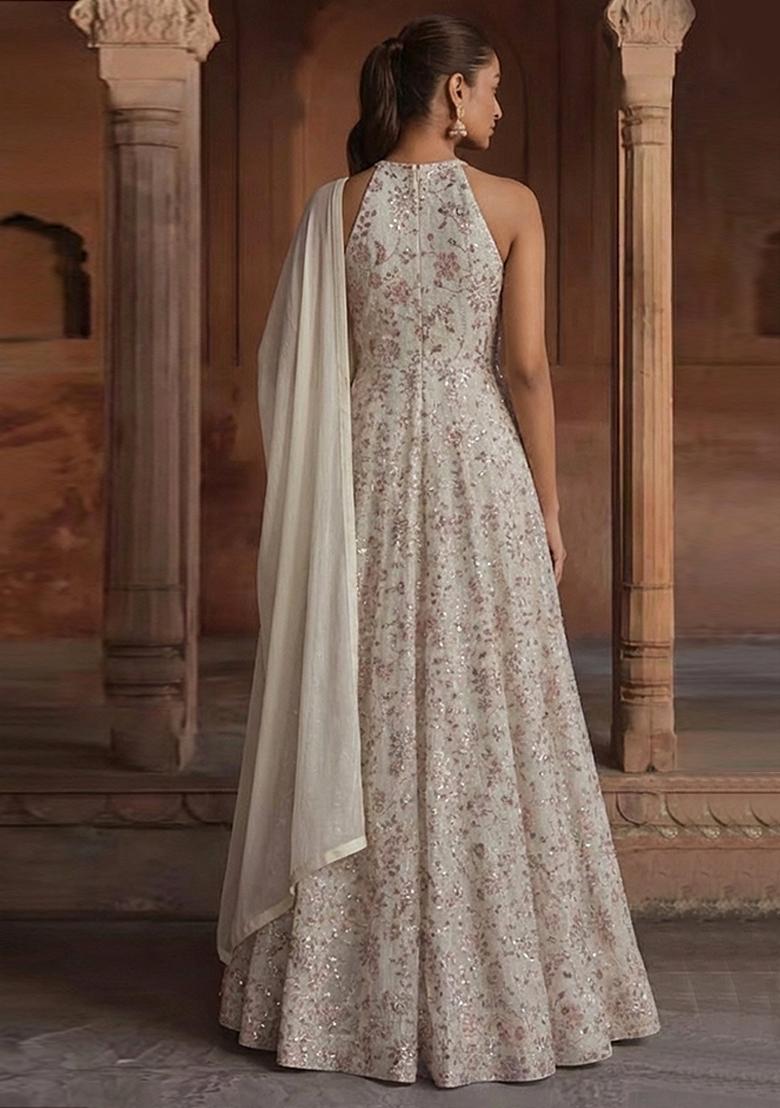 Off-White Embroidery Poly Blended Anarkali set - Indya