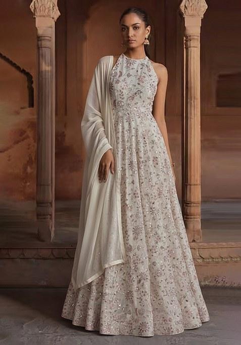 Off-White Embroidery Poly Blended Anarkali set