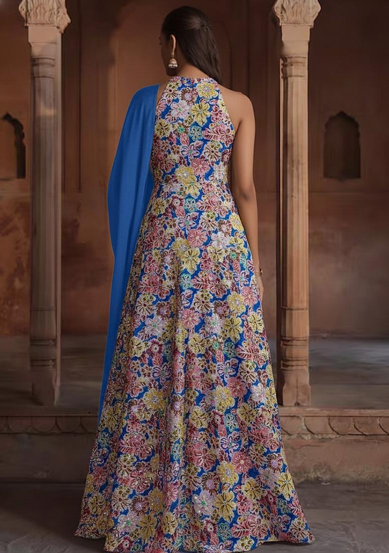 Multi Color Embroidery Crepe Anarkali set - Indya