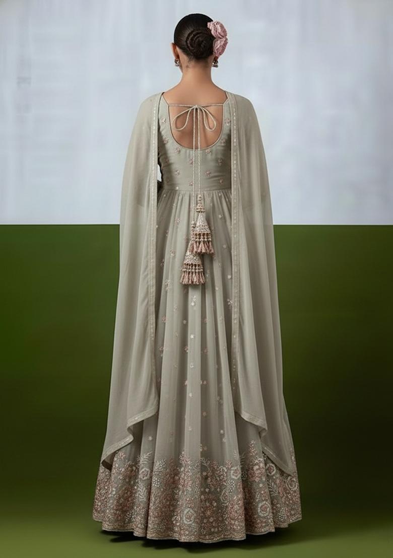 Beige Embroidery Crepe Anarkali set - Indya