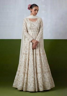 Off-White Embroidery Crepe Anarkali set
