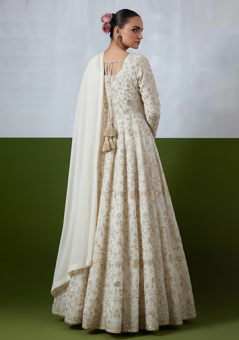 Off-White Embroidery Crepe Anarkali set - Indya