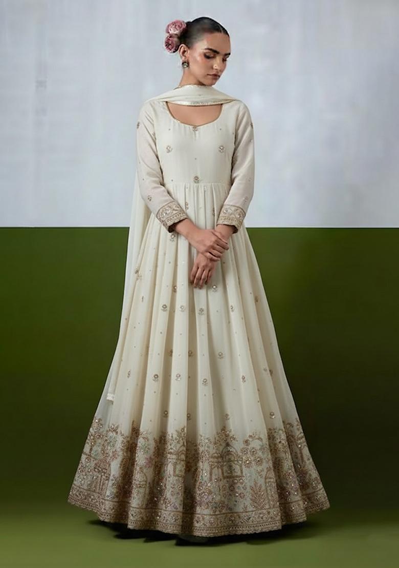 Ivory Embroidery Crepe Anarkali set - Indya