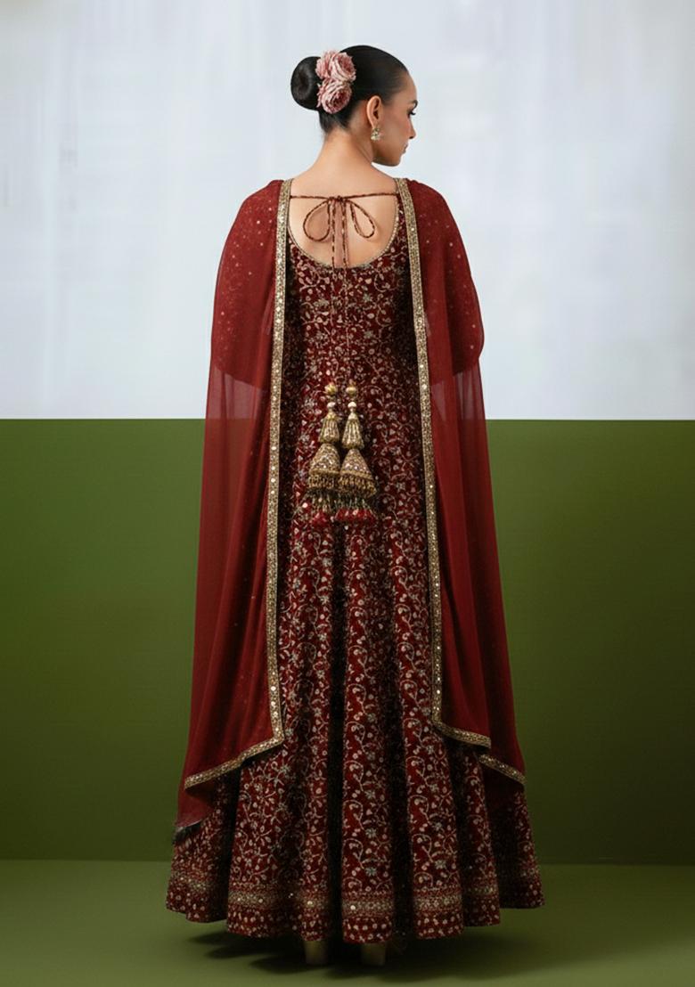 Burgundy Embroidery Fendy Silk Anarkali set - Indya