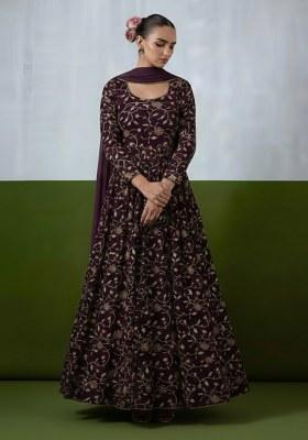 Purple Embroidery Fendy Silk Anarkali set